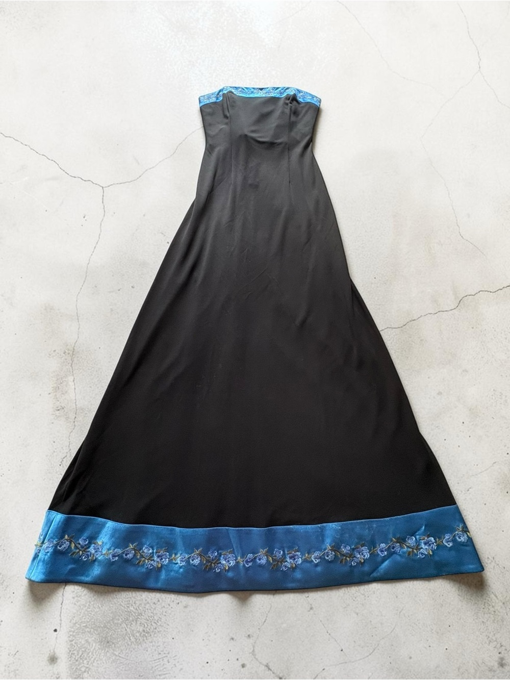 VTG Papell Boutique Evening Strapless Maxi Dress Size 6 Black W/ Blue Satin Trim - Picture 9 of 16